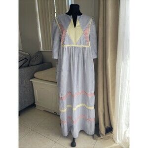 Saybury 70’s Vintage Seersucker Maxi Dress Blue Yellow Red Stripe Womens Size L